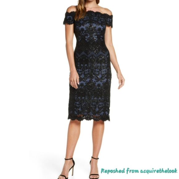 Tadashi Shoji Dresses & Skirts - Tadashi Shoji Off Shoulder Sequin Lace Cocktail Dress Black Size 6 Worn Once